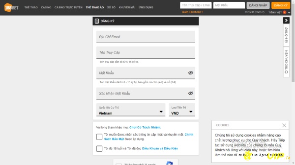 Biểu mẫu đăng ký tài khoản nhà cái 188bet