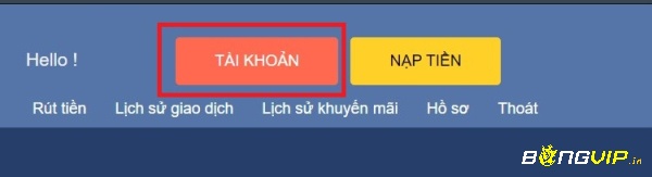 Nút tài khoản đăng nhập bong8899 ở góc trái màn hình