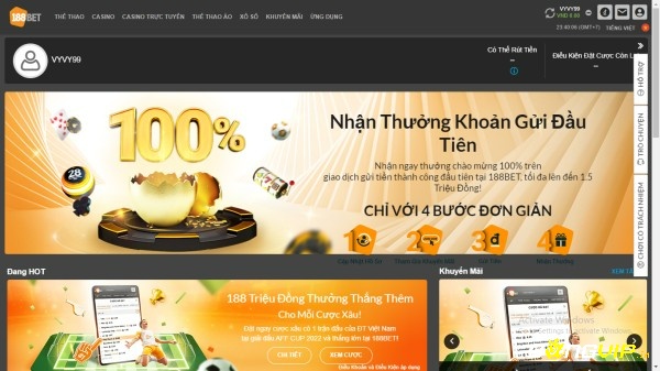 Giao diện trang chủ của nhà cái 188bet - thiết kế chuyên nghiệp, đẹp mắt