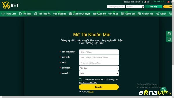 Biểu mẫu đăng ký tài khoản trên nhà cái v9bet