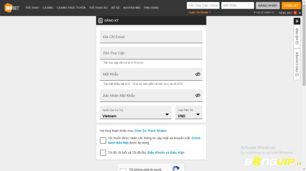 Form đăng ký tài khoản trên nhà cái 188bet