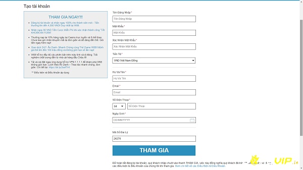 Giao diện biểu mẫu đăng ký tài khoản trên nhà cái w88