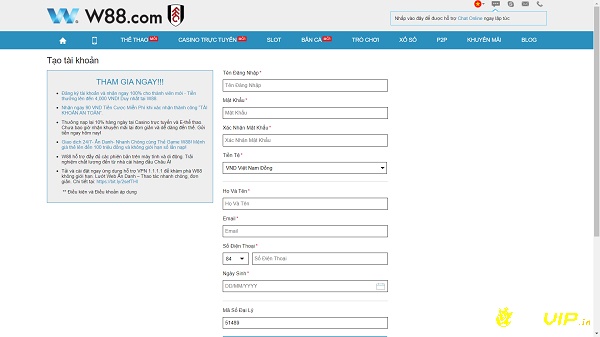 Form đăng ký tài khoản cá cược của nhà cái w88