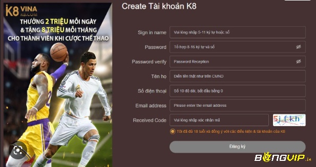 Các thông tin đăng ký tài khoản K8