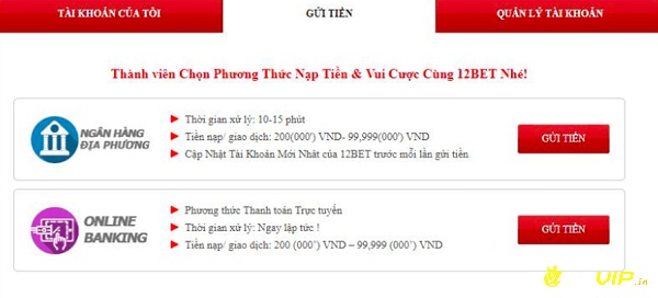 Nhà cái 12bet hỗ trợ nhiều hình thức nạp rút 