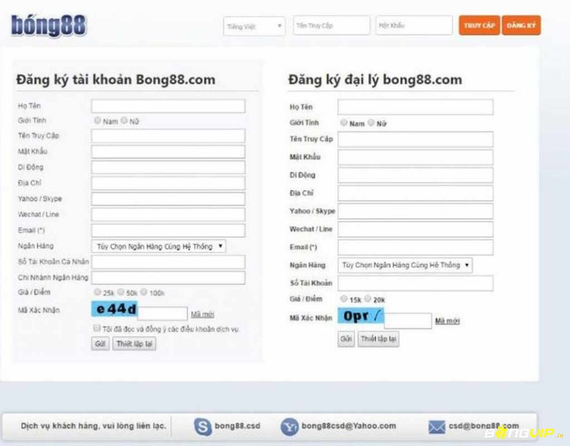 Form đăng ký tài khoản nhà cái Bong88